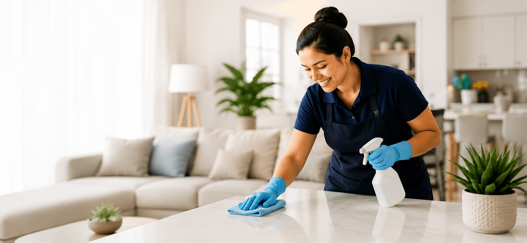 Professional cleaner wiping a kitchen countertop in a bright home